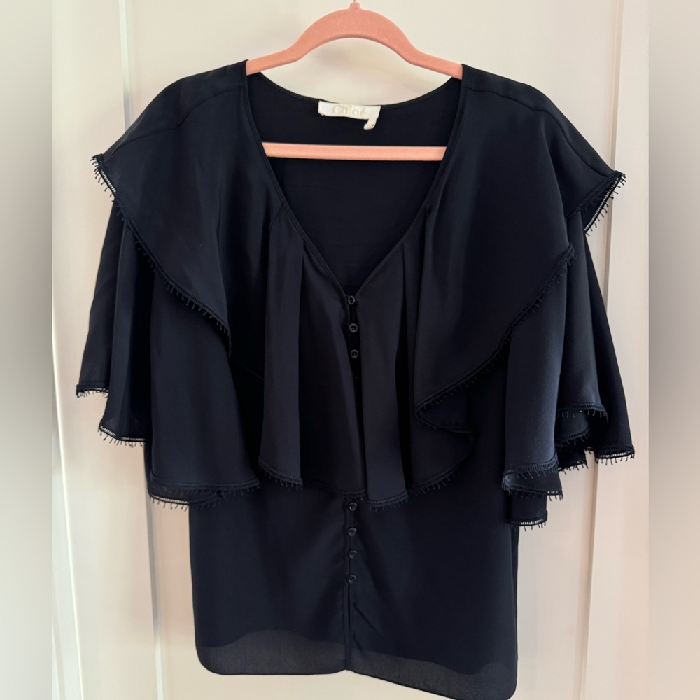 Chloé Navy Silk Ruffled Top, FR Sz 36